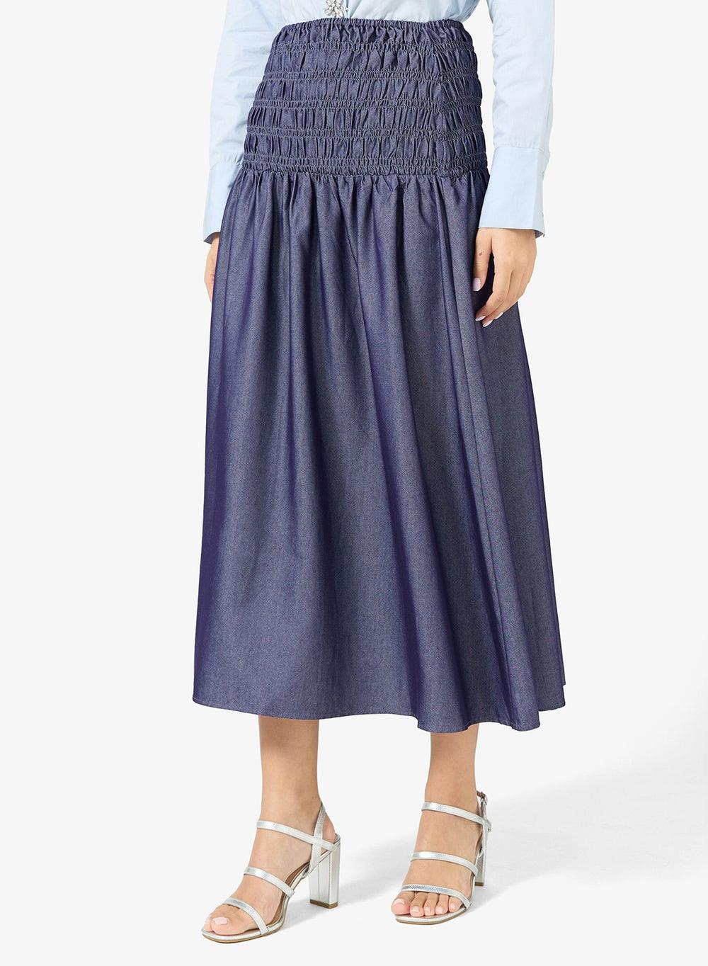 Shirred Waist A-Line Midi Denim Skirt - Image 1
