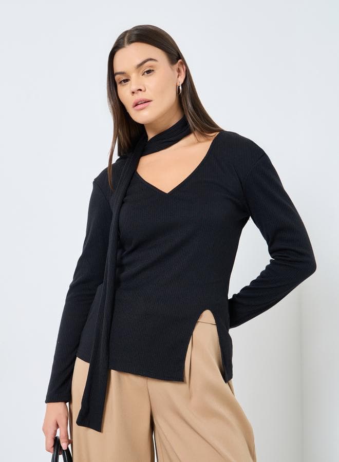 Styli Ribbed Knitted Choker Neckline Black Top - Image 1