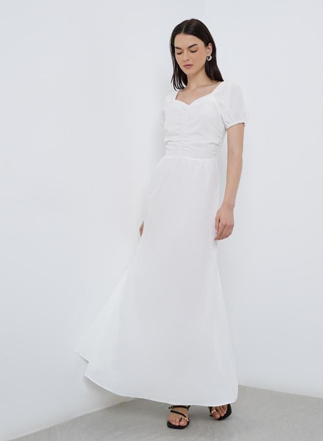 Take Two Solid Puff Sleeve Sweetheart Midi Dress - Image 1