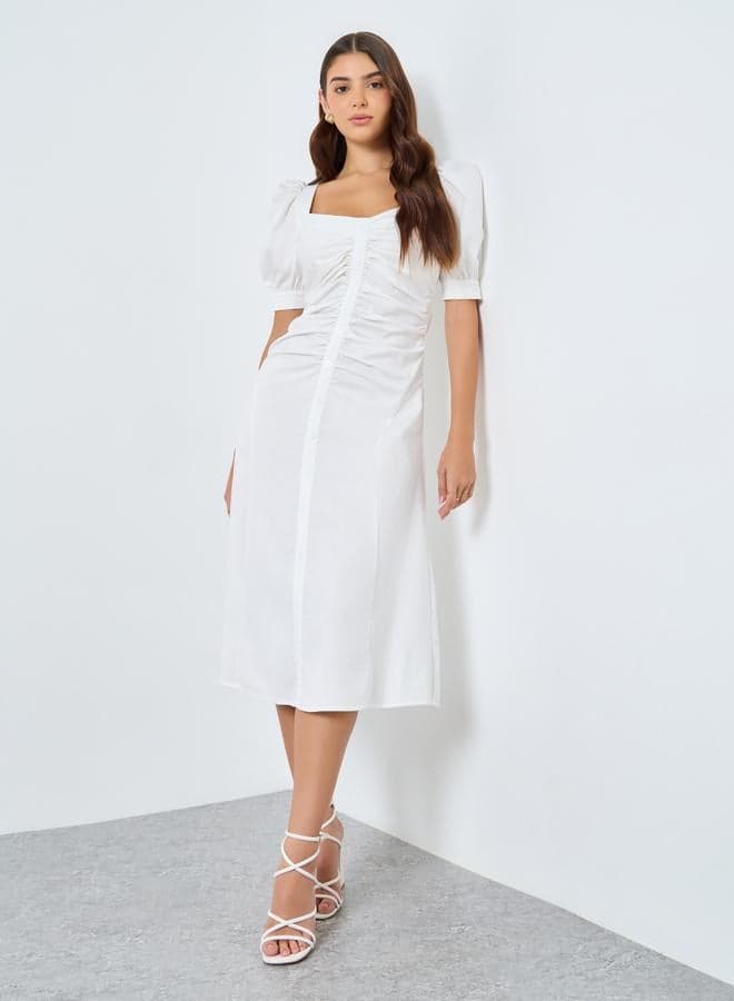 Styli Puff Sleeve Gathered A-Line Midi Dress - Image 1