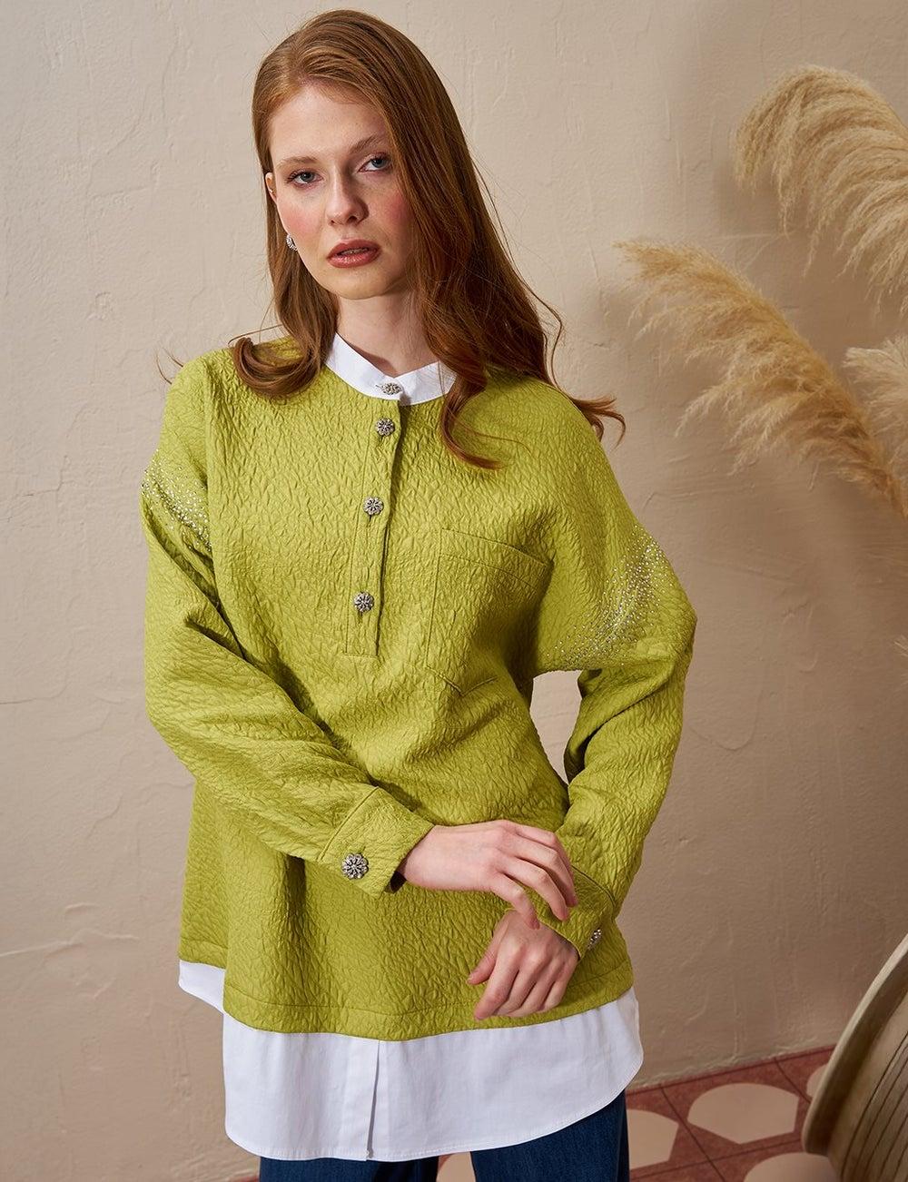 Hotfix Printed Textured Pistachio Green Tunic - Image 1