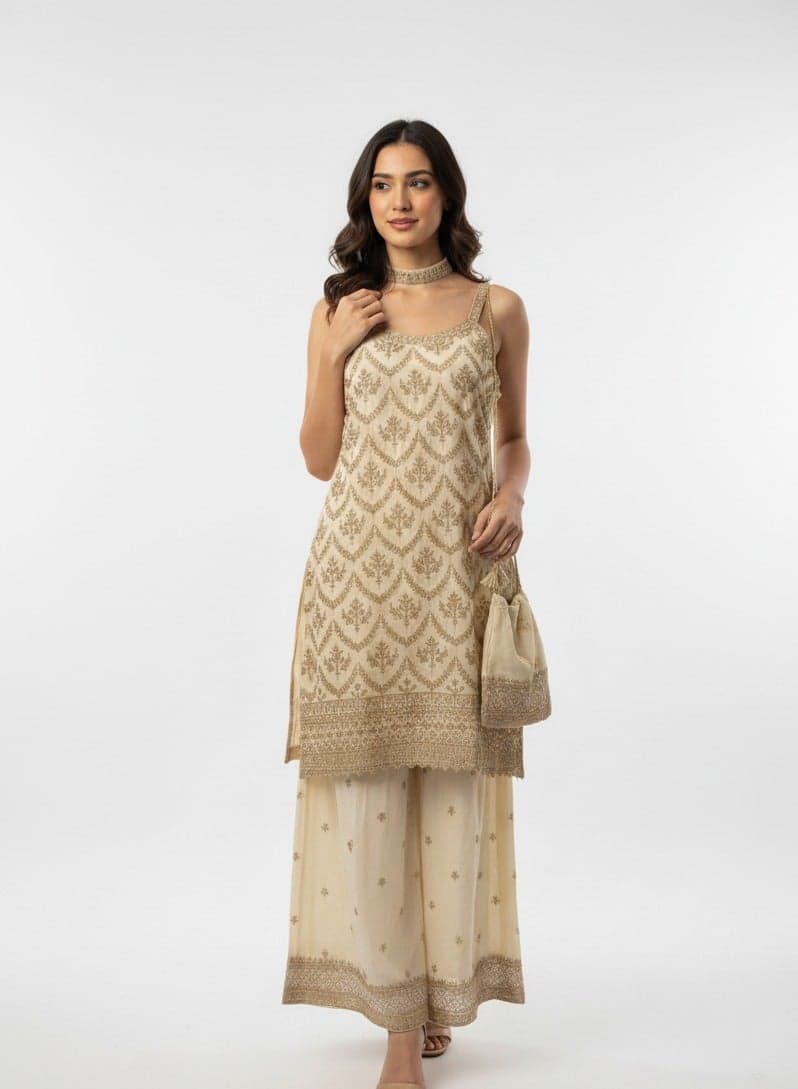 White Embroidered Sharara Set with Dupatta and Bag - Image 1