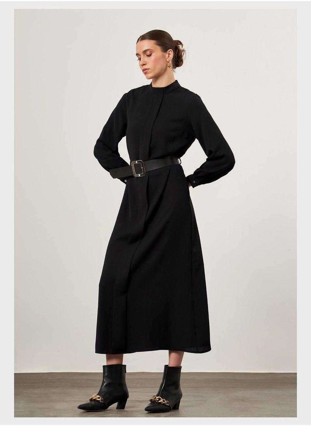 Belted Black Long-Sleeve Dress - Image 1