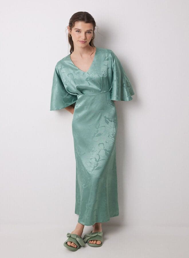 Floral Satin Midi Dress with V-Neckline - Image 1
