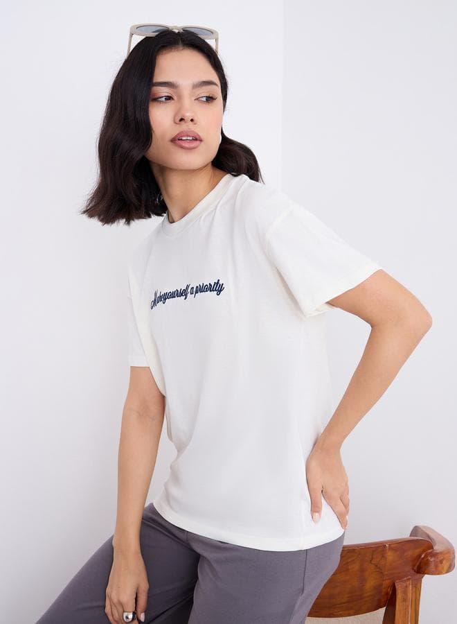 Embroidered Slogan Boxy Fit T-Shirt - Image 1