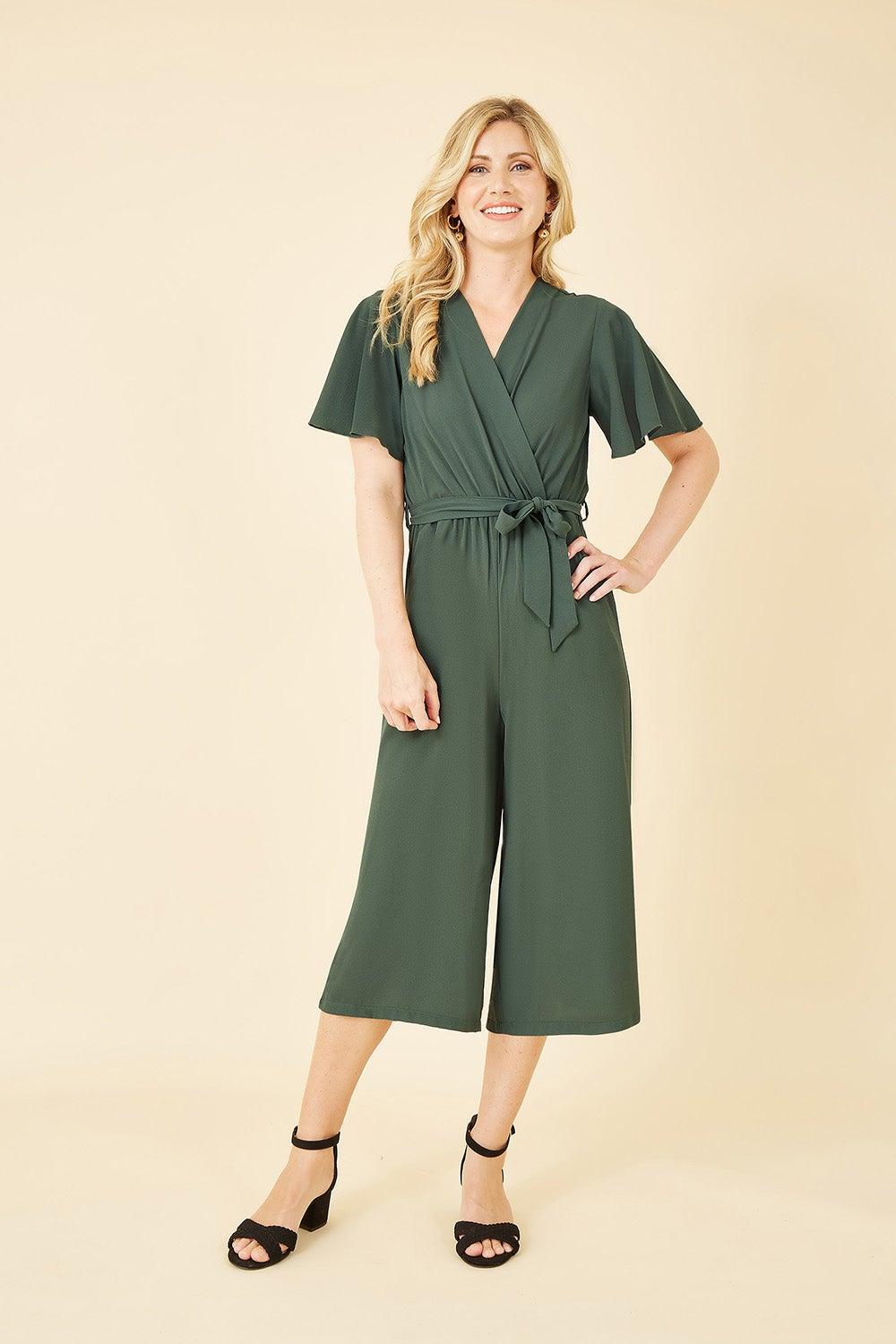 Mela Green Wrap Over Jumpsuit With Angel Sleeves - Image 1