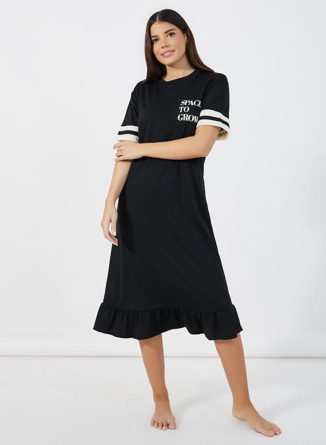 Double Striped Sleeve Slogan Ruffle Hem Sleep T-Shirt Dress - Image 1