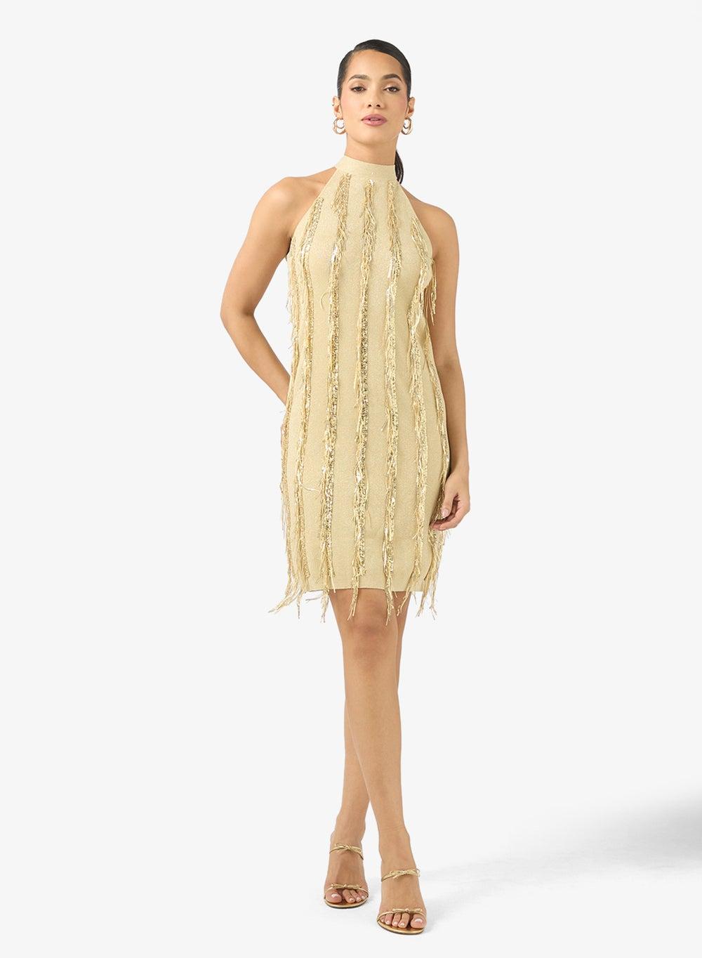 Fringed Mini Dress with Metallic Rayon Blend - Image 1