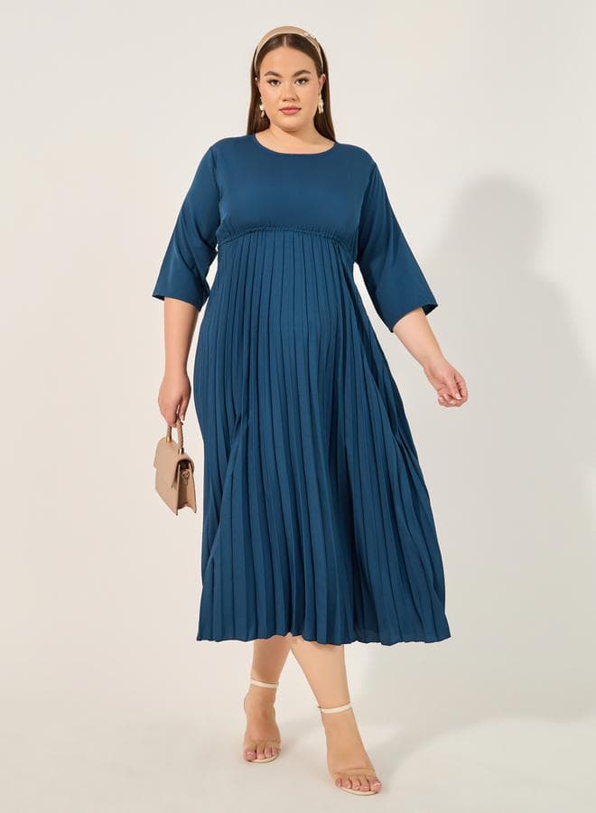 Pleated Blue Midi Dress with Cinched Waist - Image 1