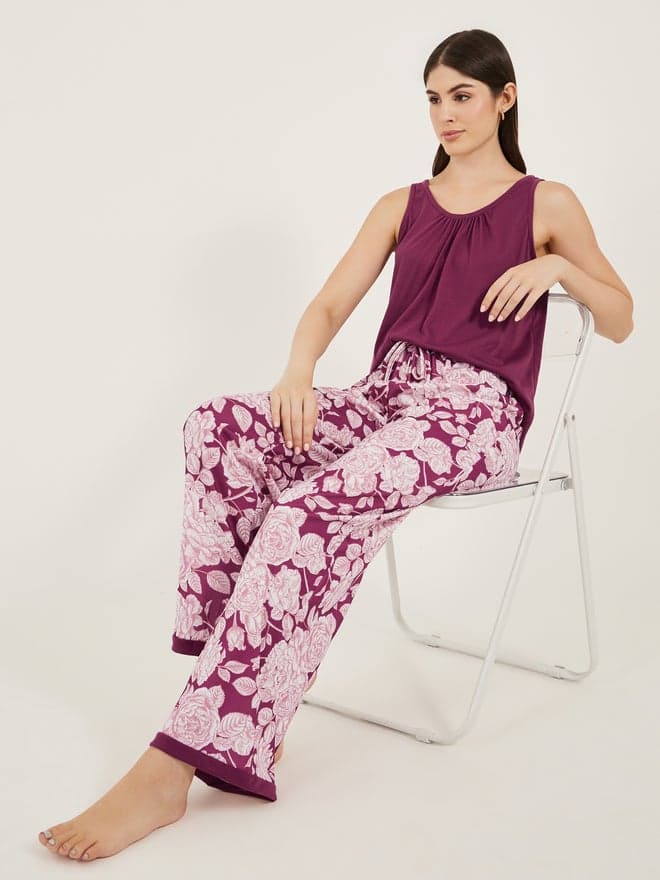 Unwind Floral Printed Sleeveless Long Pajama Set - Image 1