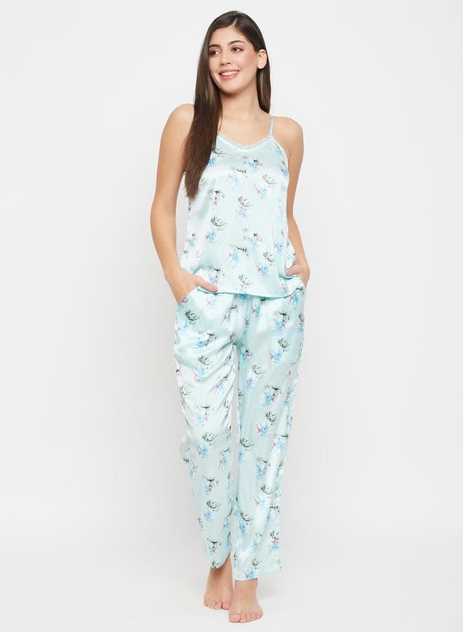 Clovia Floral Print Lace Trim Satin Cami Pyjama Set - Image 1