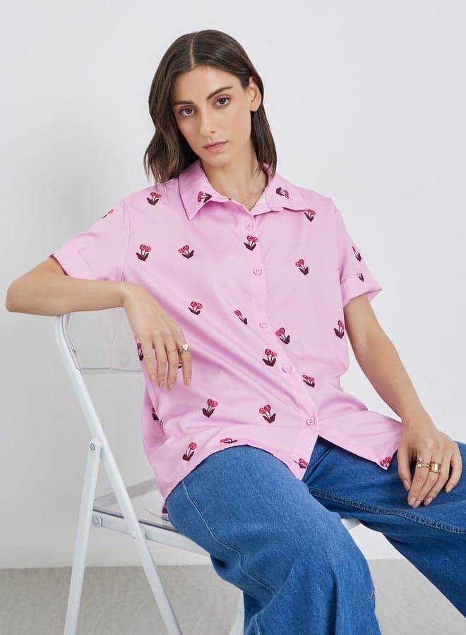 Graphic Print Oversized Short Sleeve Shirt for Women - Image 1