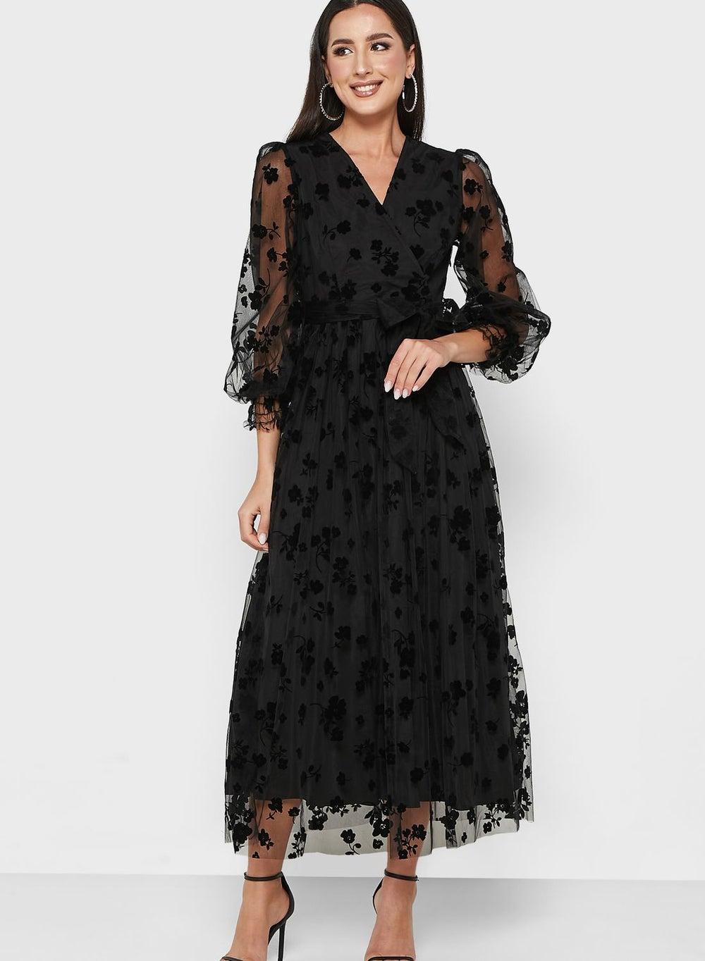 Floral Overlay Black Midi Dress - Image 1