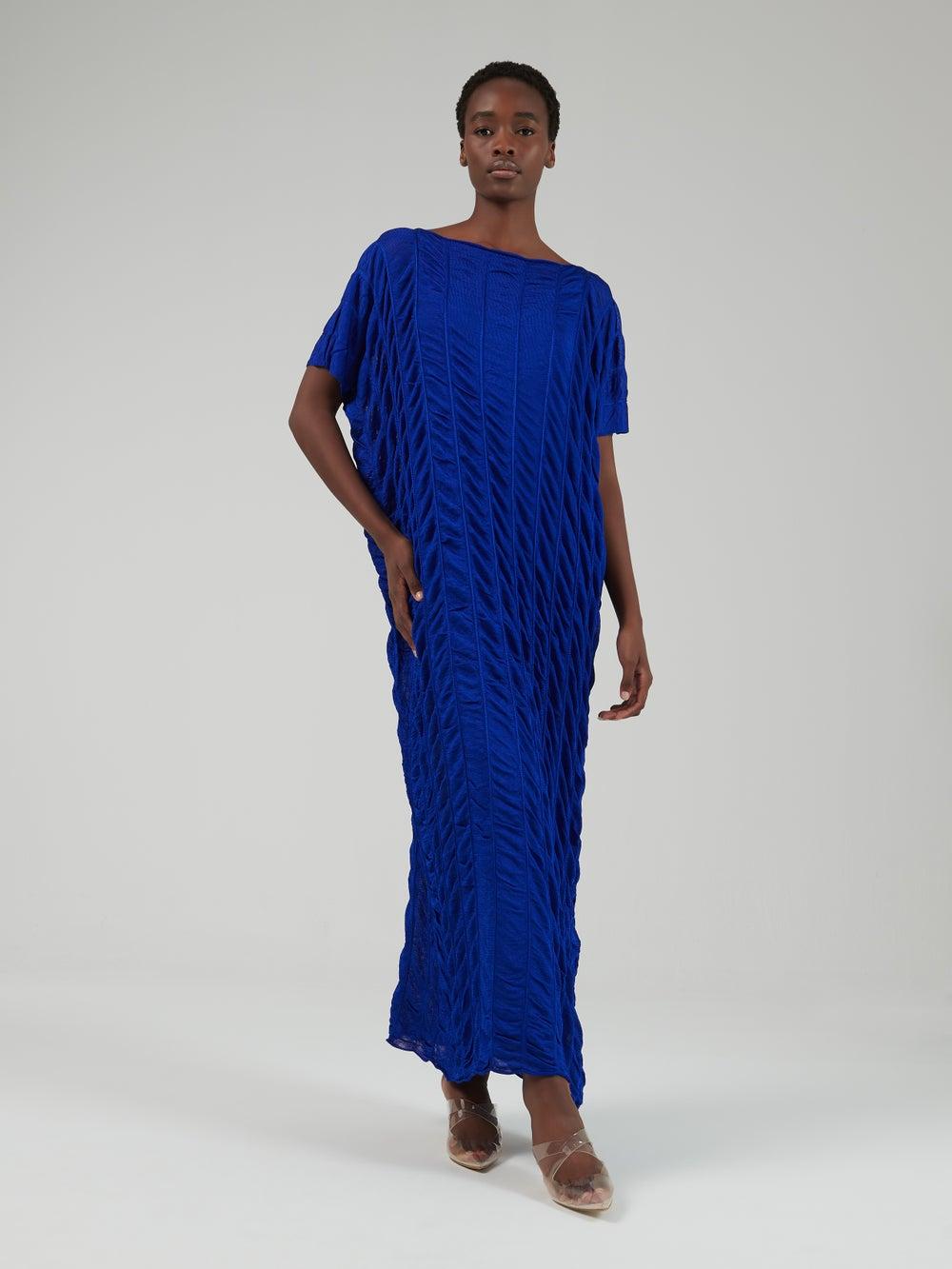Cobalt Blue Gathered-Effect Knit Kaftan - Image 1