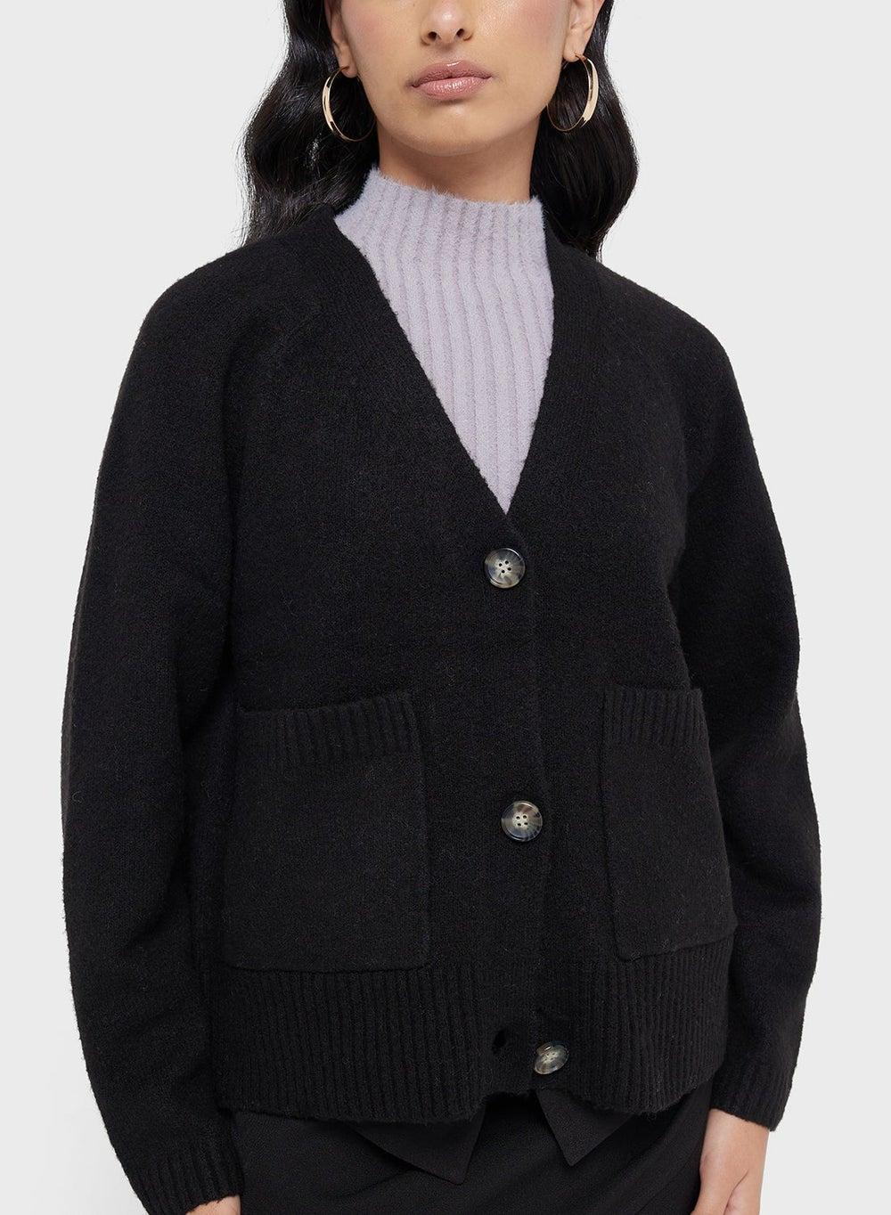 Knitted Pocket Detail Cardigan with Gold Button Accents - Image 1