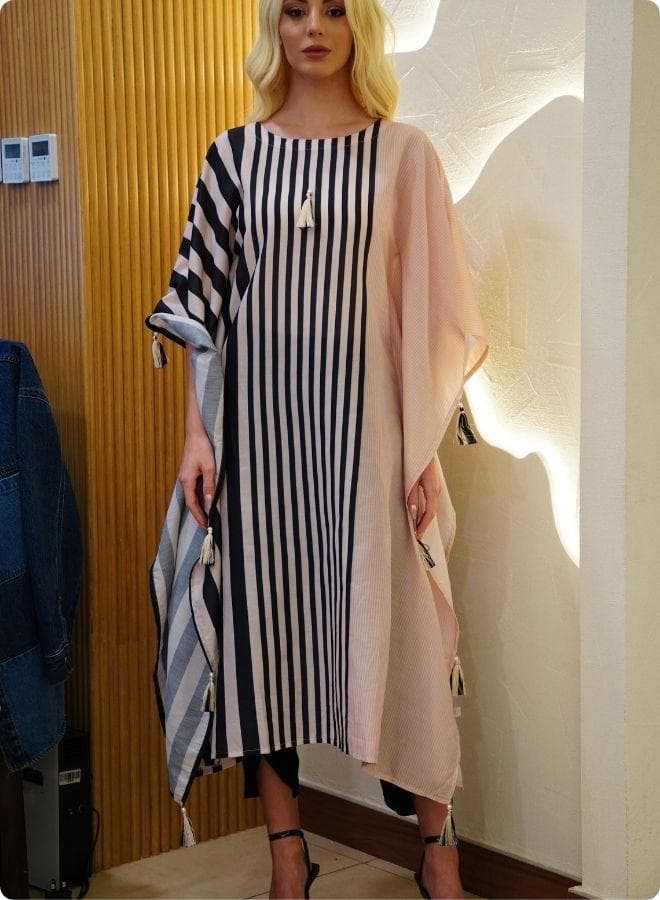 Beige and Black Striped Slim Fit Kaftan Set - Image 1