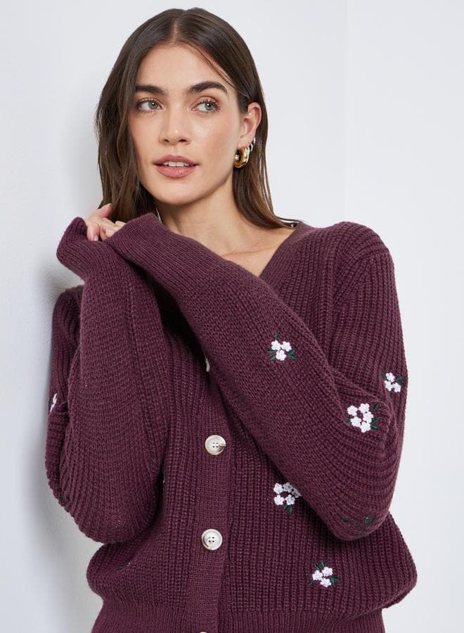 Styli Burgundy Floral Embroidered Cardigan - Image 1