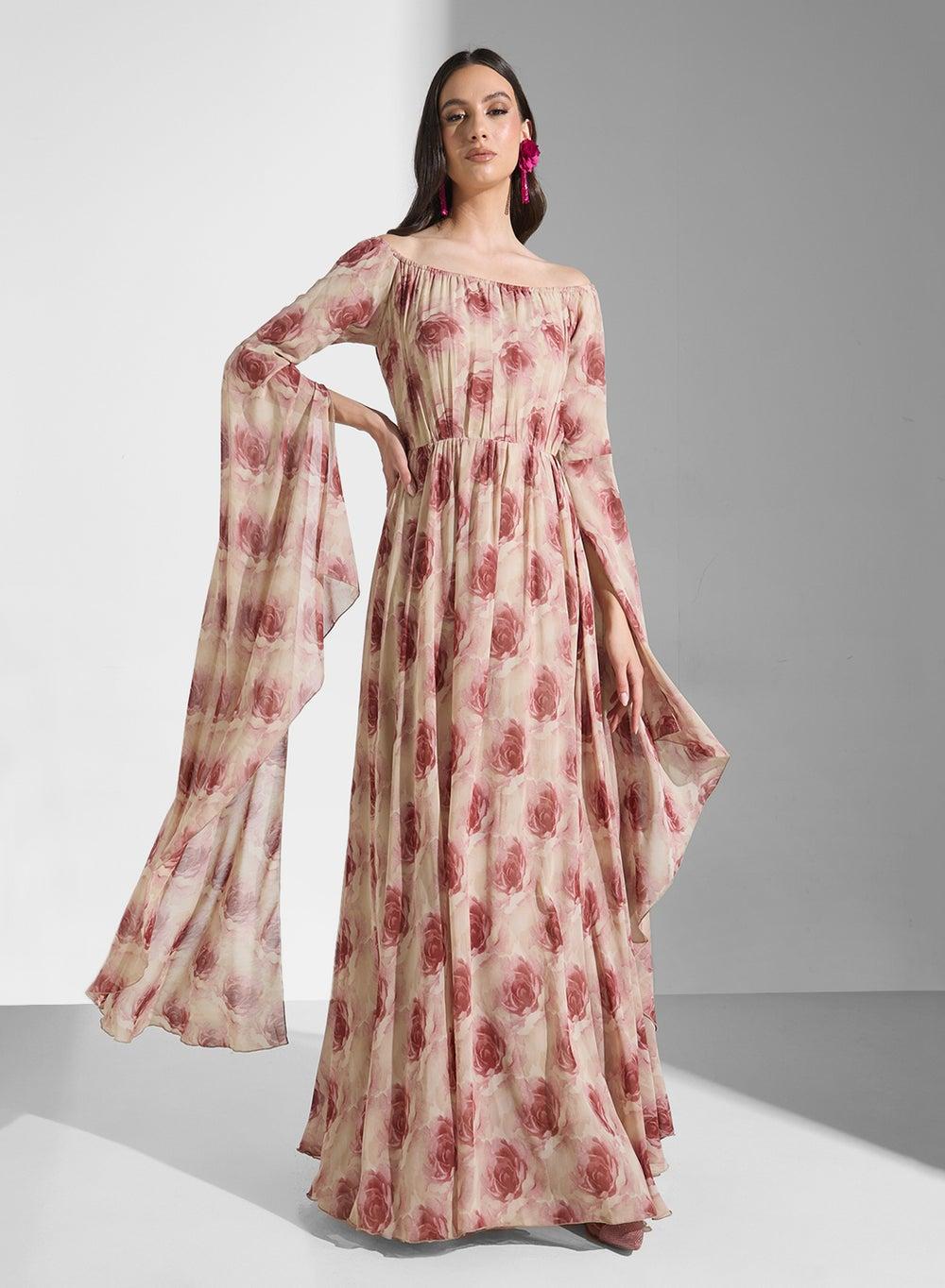 Floral Chiffon Maxi Dress with Bell Sleeves - Image 1