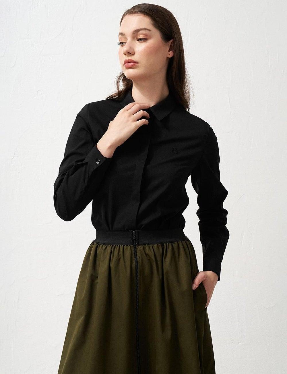 Black Shirt Collar Poplin Tunic with Pleated Cuffs - Image 1