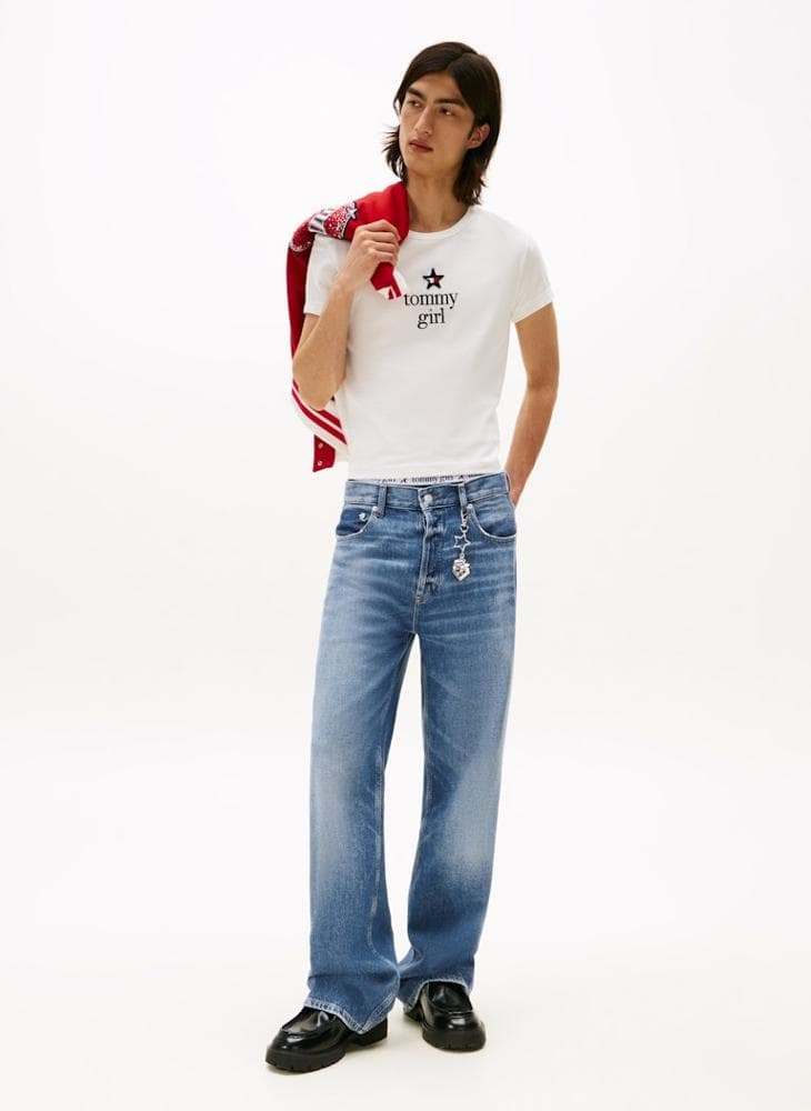 High Waist Relaxed Jeans with Frayed Star Branding - Image 1