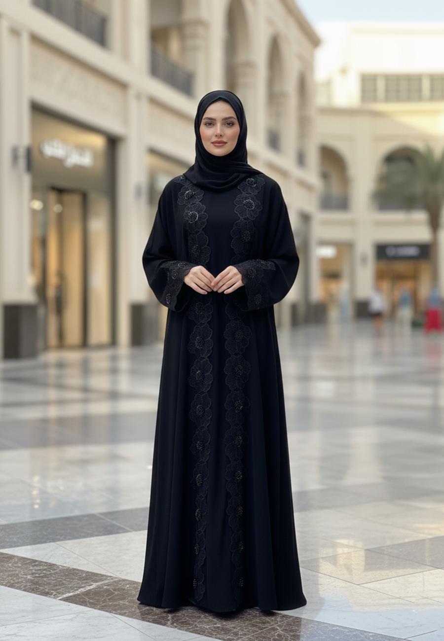 Black Floral Cutwork Abaya with Matching Inner 2P742 - Image 1