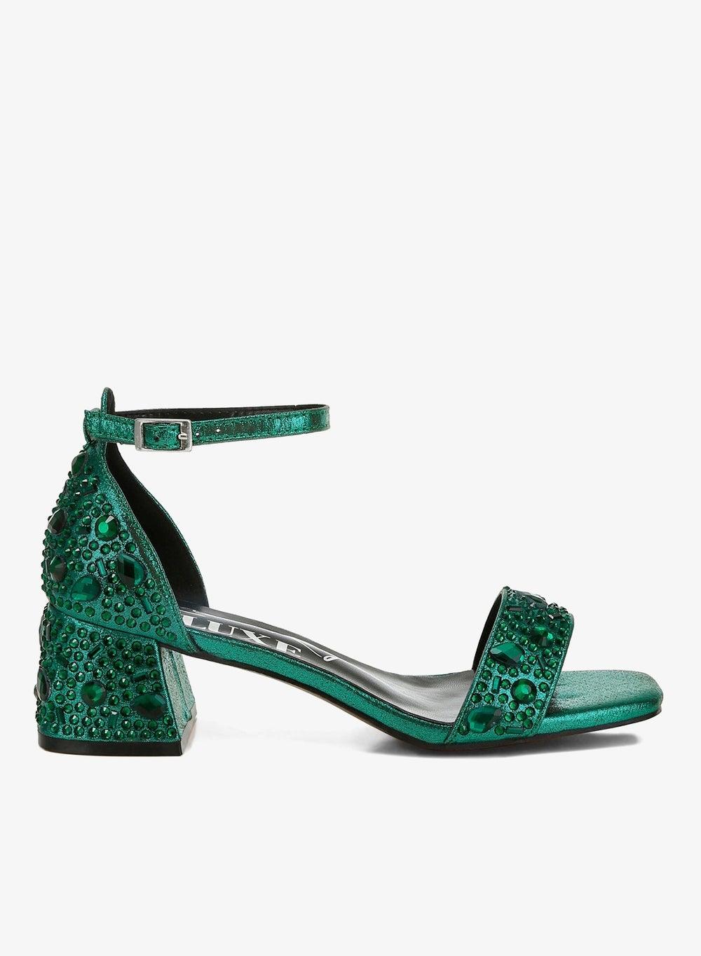 Green Rhinestone Shimmer Low Block Heel Sandals - Image 1