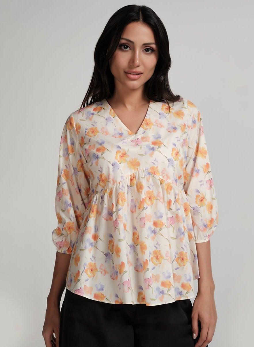 V-Neck Elasticated Sleeve Peplum Top - Image 1
