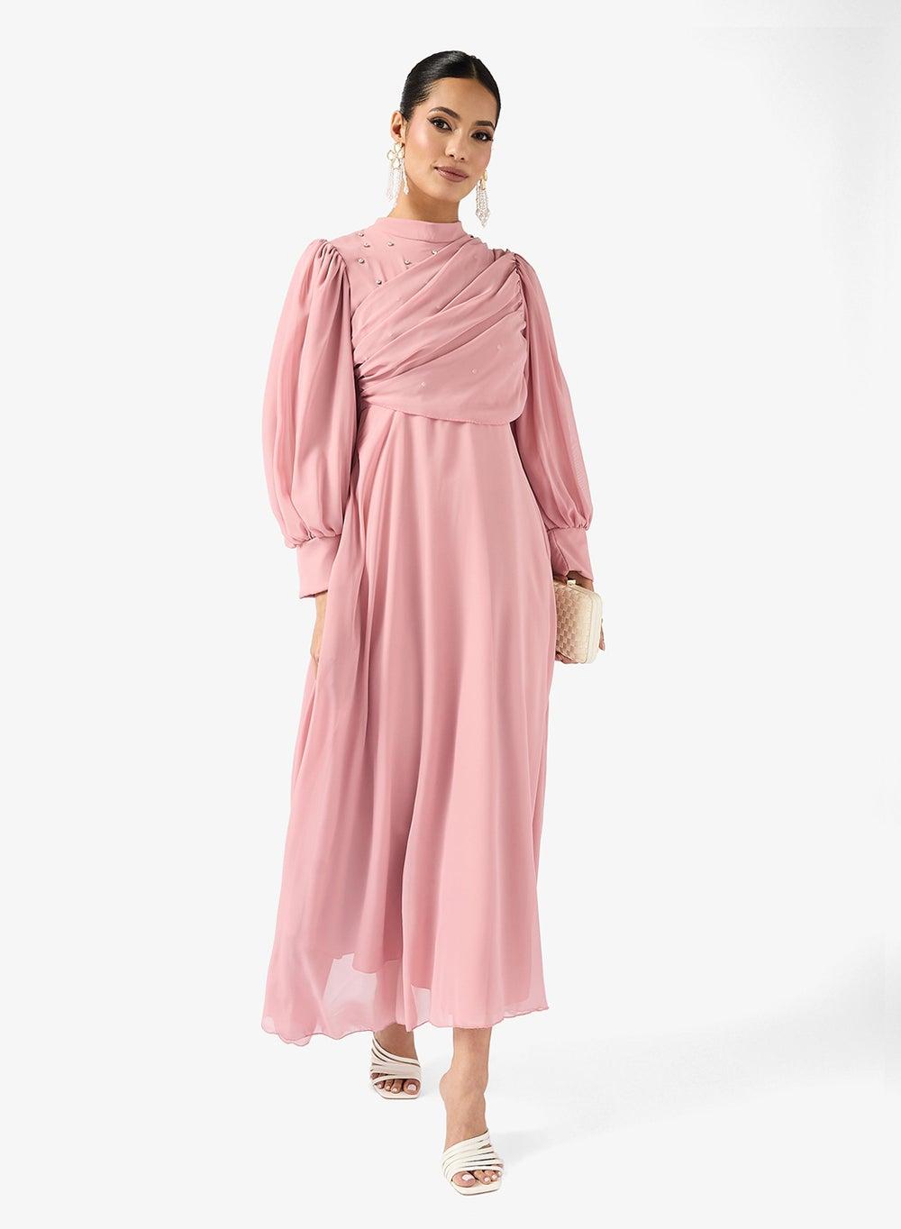 Draped A-Line Midi Dress With Puff Sleeves - Image 1