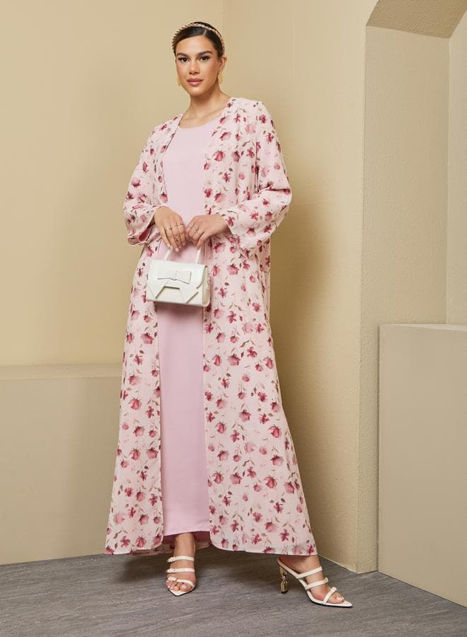 Floral Print Abaya with Solid Inner Dress Set - Image 1