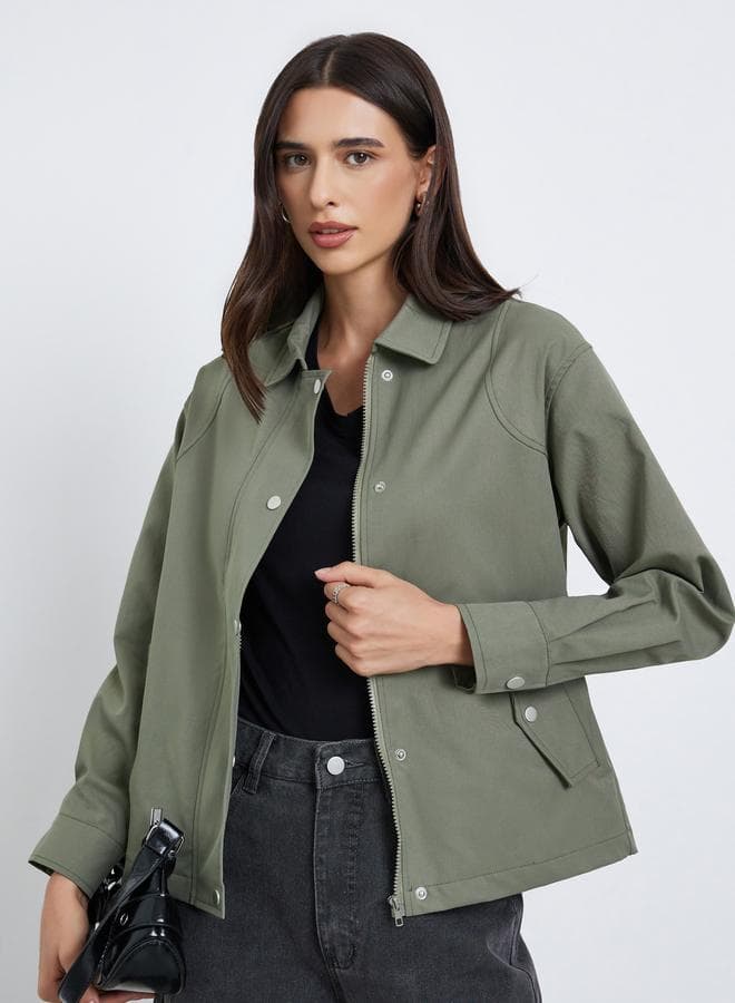 Styli Green Regular Fit Button-Zip Jacket - Image 1
