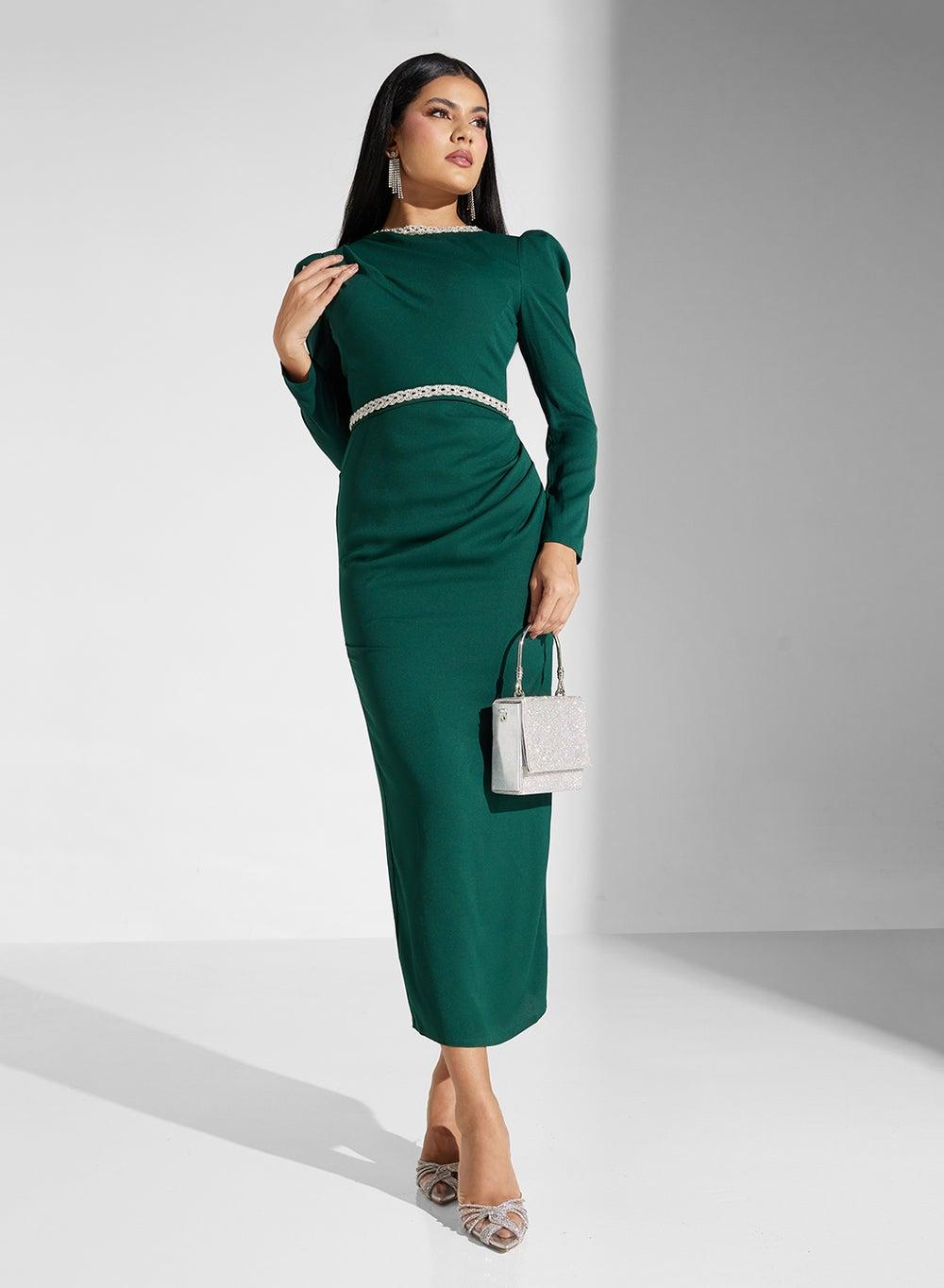 Emerald Fitted Dress with Puff Sleeves and Belt Detail - Image 1