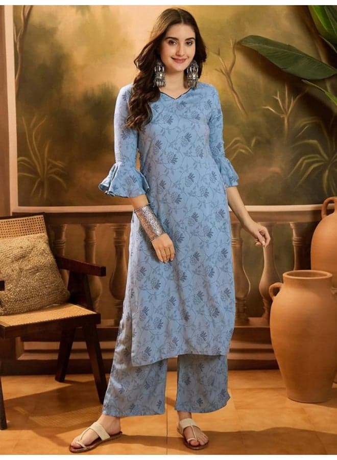 Powder Blue Floral Kurta Set with Bell Sleeves - Image 1