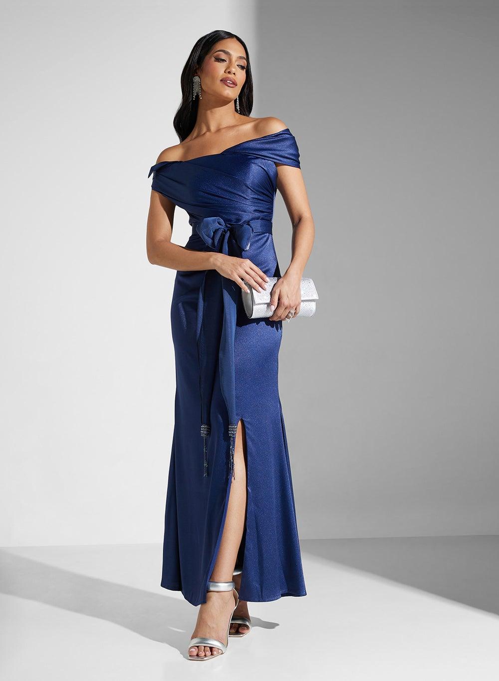Navy Off-Shoulder Tie-Waist Maxi Gown - Image 1