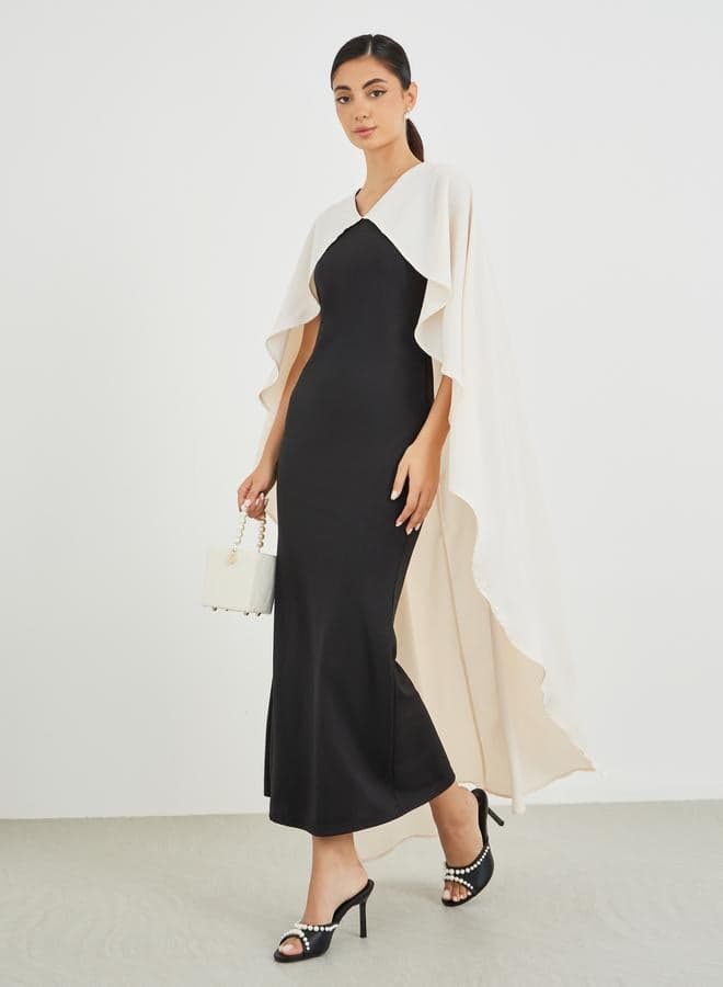 Color Block Ruffled Cape Sleeve Maxi Dress - Image 1
