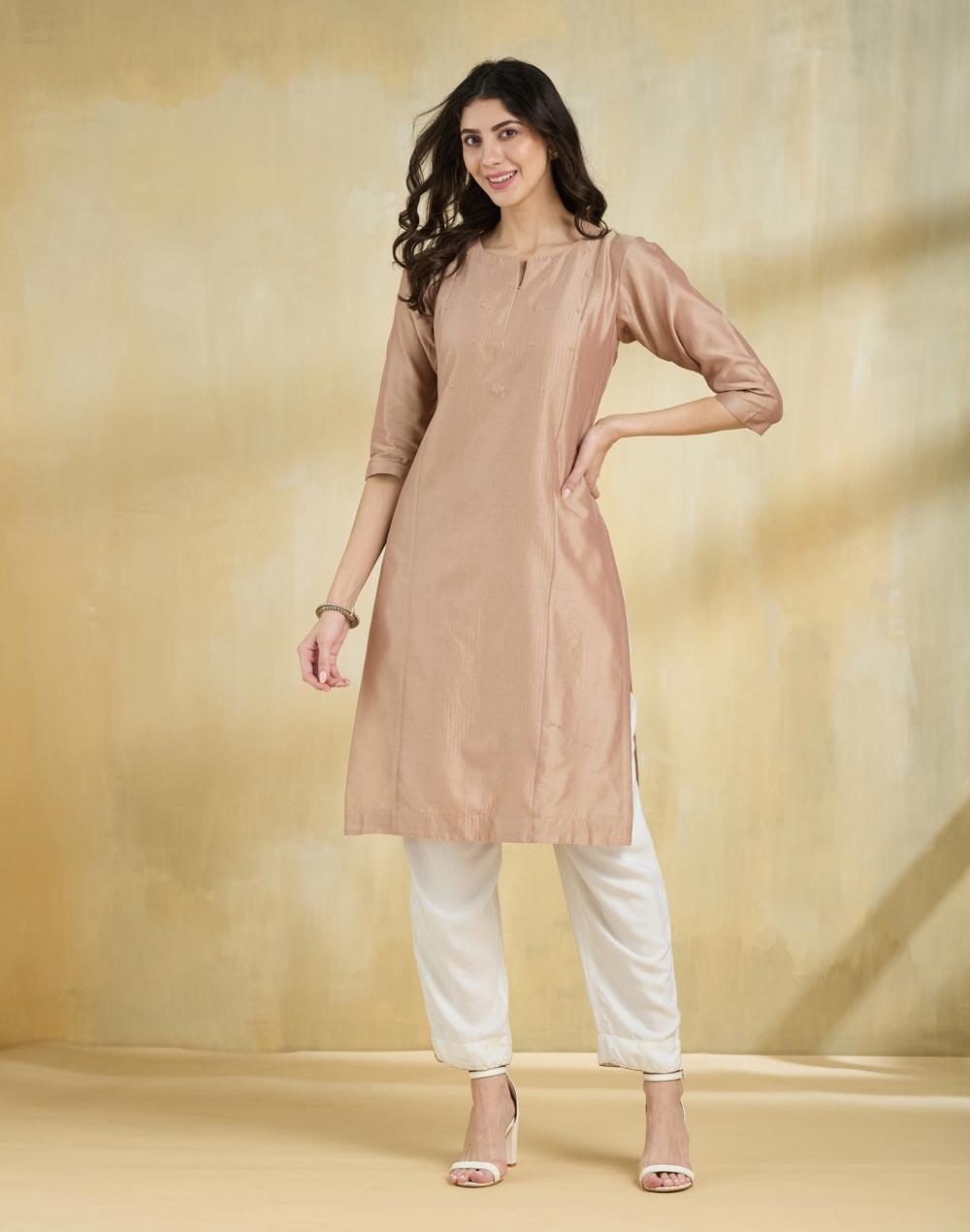 Beige Cotton Silk Embroidered Long Kurta - Image 1