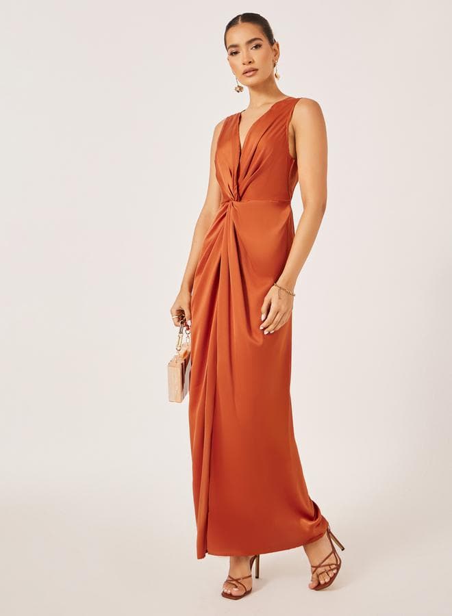 Satin Front Knot Sleeveless Sheath Maxi Dress - Image 1