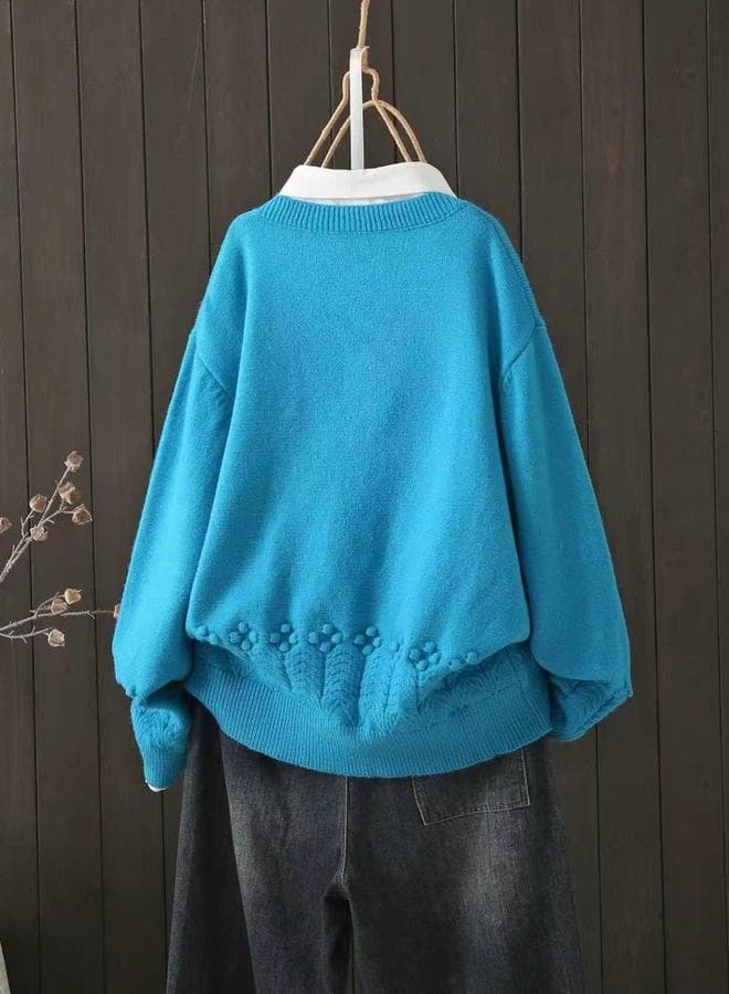 Take Two Plus Size Blue Knit Round Neck Sweater - Image 1