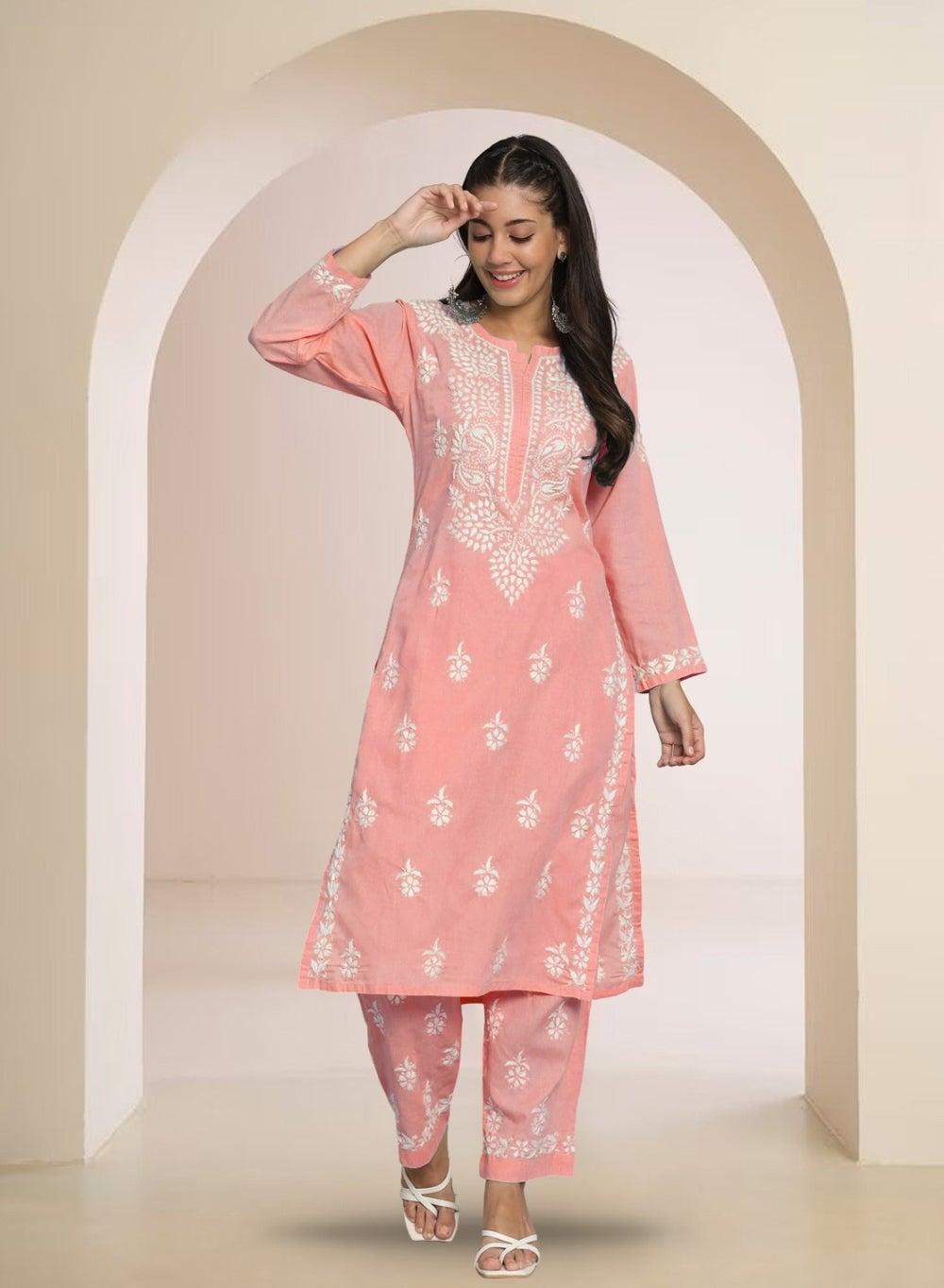 Hand Embroidered Chikankari Cotton Kurta Set AL3674KS - Image 1