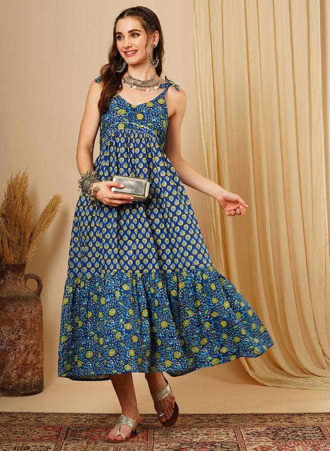 Blue Floral Tie-Sleeve A-Line Midi Dress for Women - Image 1