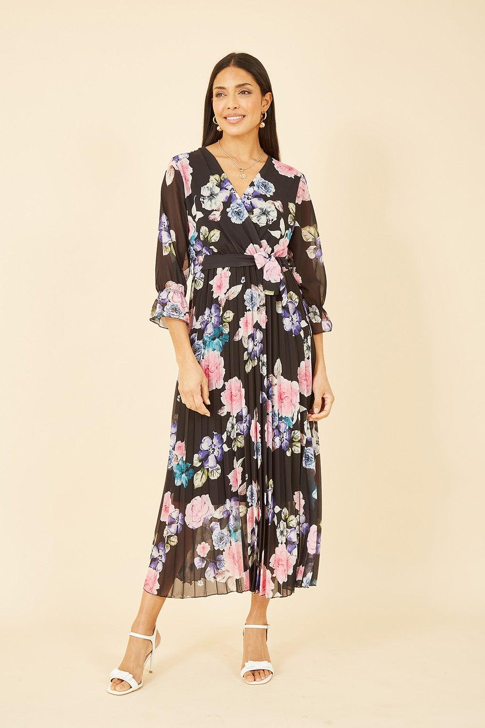 Floral Pleated Midi Dress with V-Neckline - Image 1