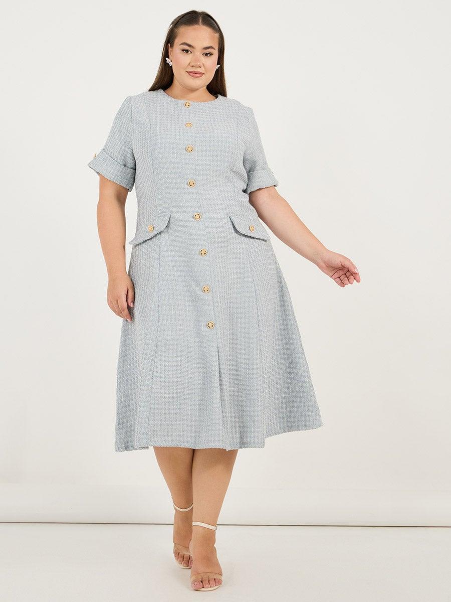 Light Blue Textured Button-Down A-Line Dress - Image 1