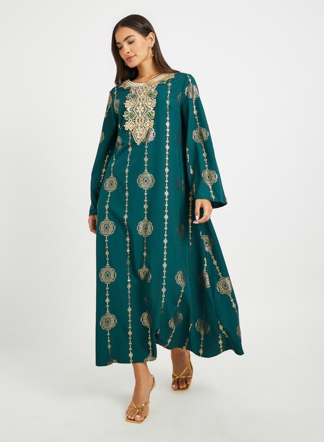 Take Two Printed Lace Detail Long Sleeve A-Line Jalabiya - Image 1
