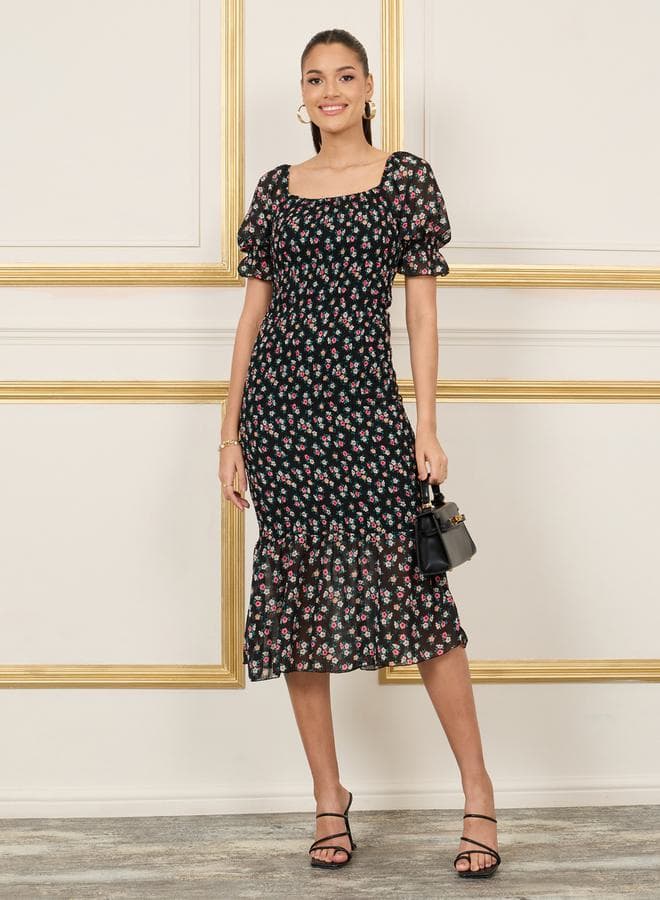 Styli Ditsy Print Smocked Mermaid Hem Midi Dress - Image 1
