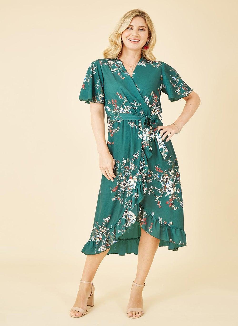 Green Floral Wrap Midi Dress with Ruffled Hem - Image 1