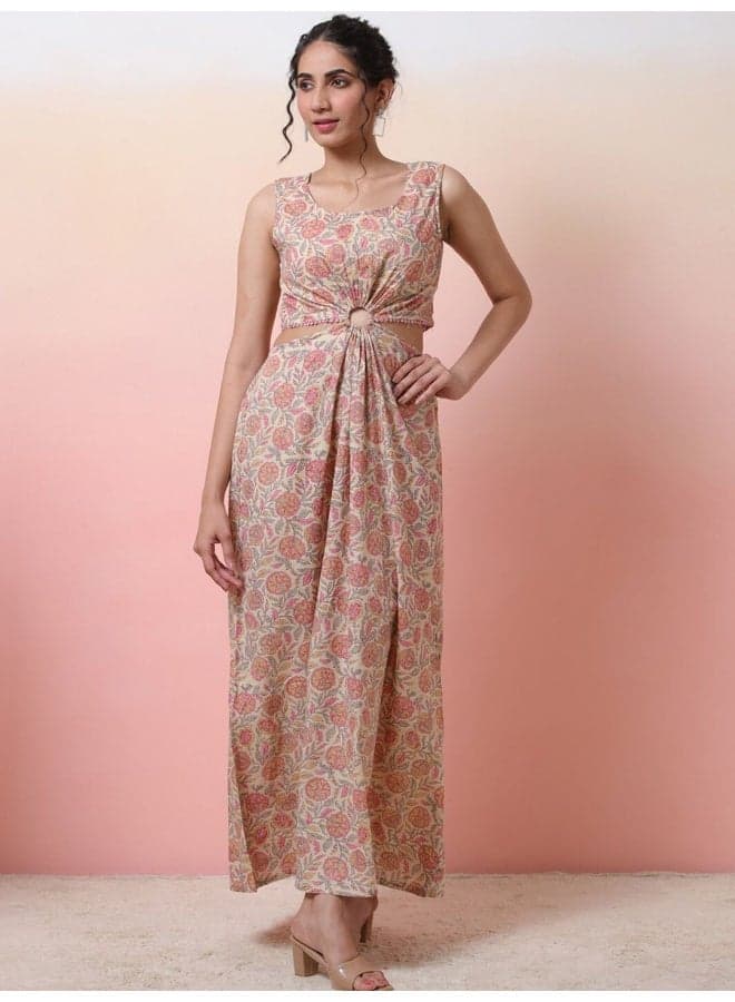 Cream Floral Print Cut-Out Waist Maxi Dress - Image 1