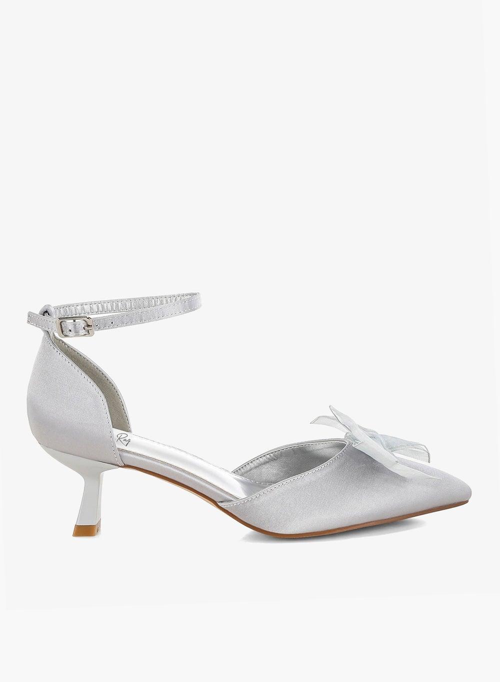 Silver Bow Detail Satin Kitten Heel Sandals - Image 1