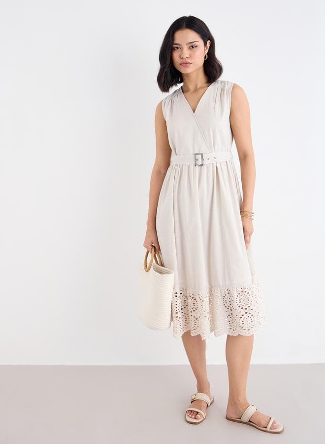 Beige Schiffli Hem Belted Midi Dress - Image 1