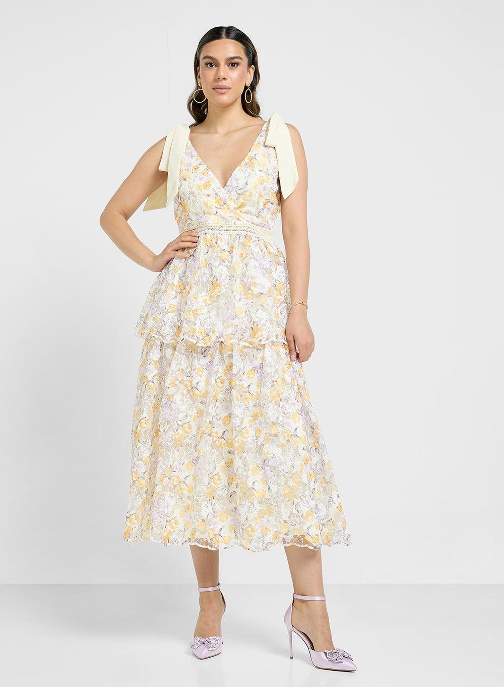 Floral Print Shoulder Tie Ruffle Midi Dress - Image 1