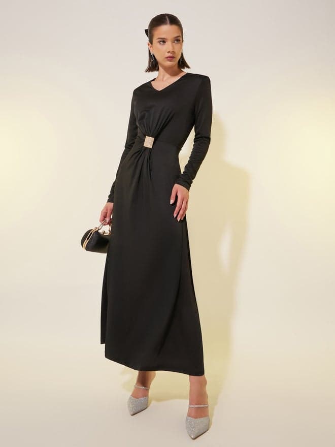Black V-Neck Embellished Button Maxi Dress - Image 1