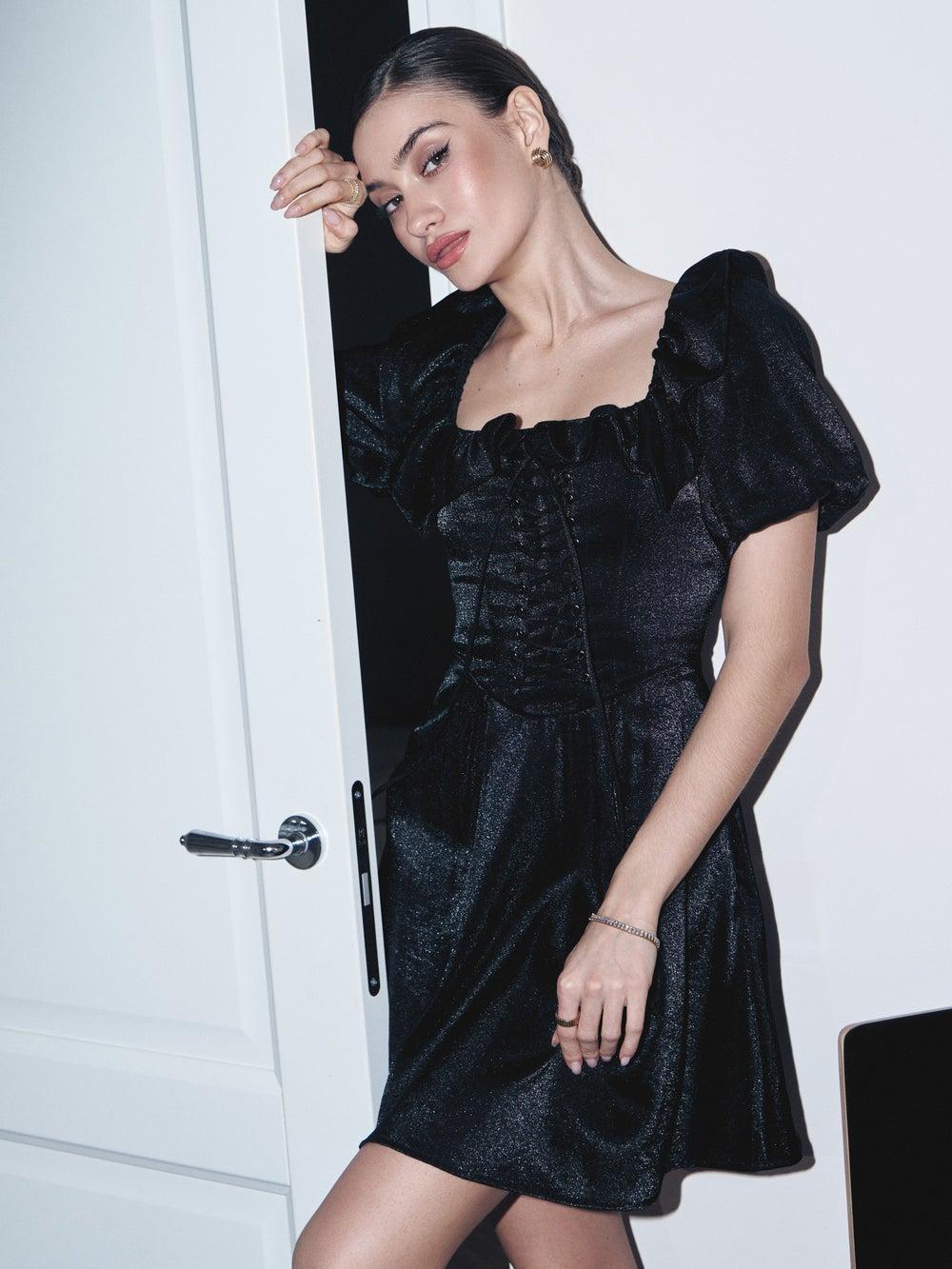 Shiny Mini Dress with Lace-Up Waistline - Image 1